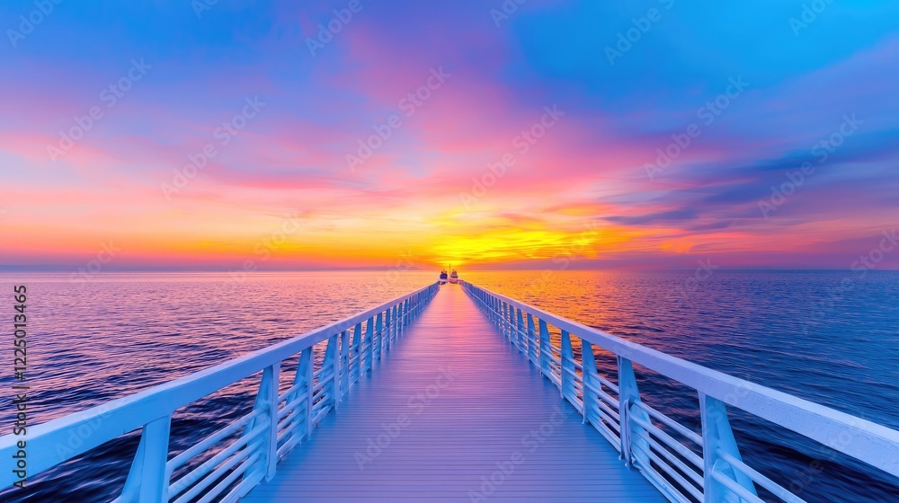 Fototapeta premium Long wooden pier extending into the calm ocean under a vibrant pink and orange sunset sky with two distant figures walking towards the horizon.