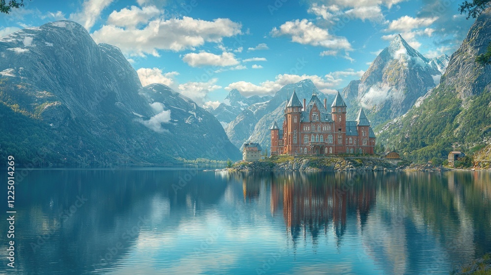 Fototapeta premium Majestic castle on island reflected in calm lake, surrounded by mountains.