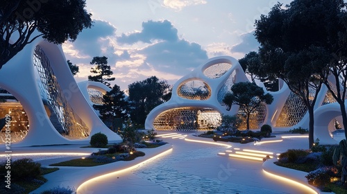 Futuristic biomorphic architecture at dusk.