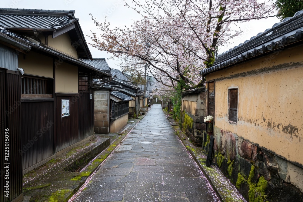 Cherry Blossom Alley A serene alley lined with cherry blossom trees in full bloom, their pink petals scattered on the pathway Cherry Blossom Alley A serene alley lined with cherry blossom trees in full bloom, their pink petals scattered on the pathway