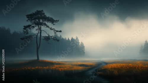 Sunrise over a misty forest with trees and fog photo