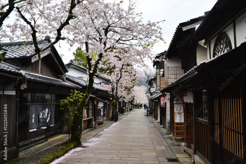 Cherry Blossom Alley A serene alley lined with cherry blossom trees in full bloom, their pink petals scattered on the pathway Cherry Blossom Alley A serene alley lined with cherry blossom trees in full bloom, their pink petals scattered on the pathway