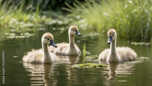 Three cygnets swim in a shallow, greenish pond surrounded by tall grasses. photo