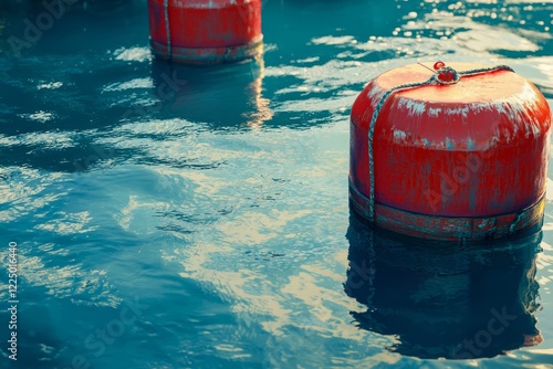 Red buoys in blue ocean water. photo