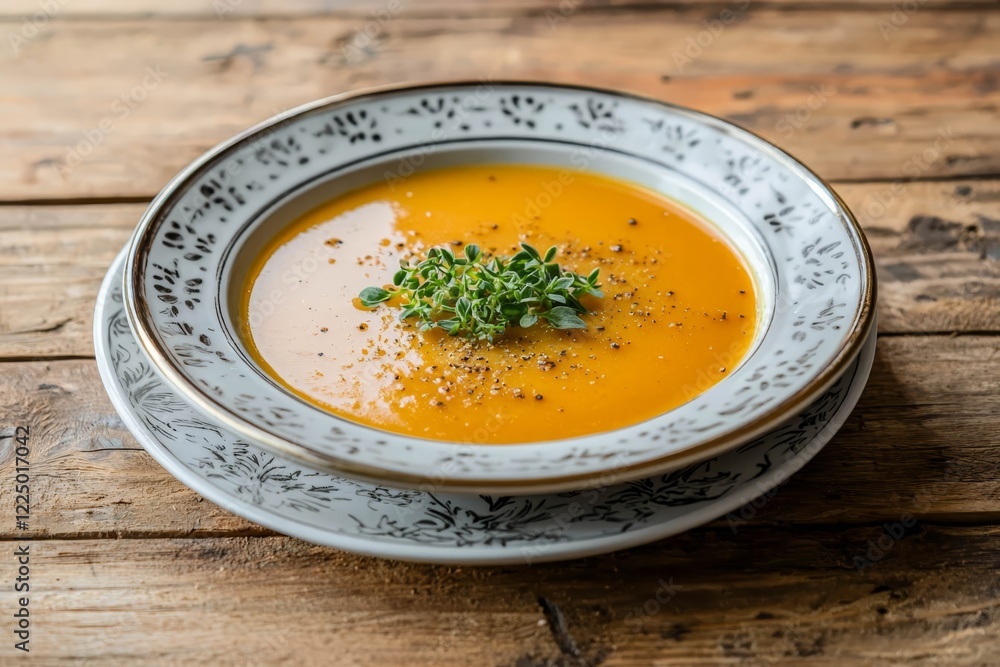 Vegetable soup served on plate, over wooden background.