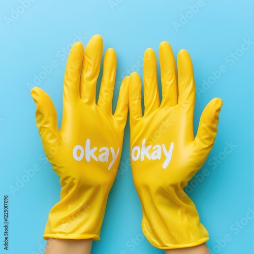 Yellow gloves saying okay on blue background photo