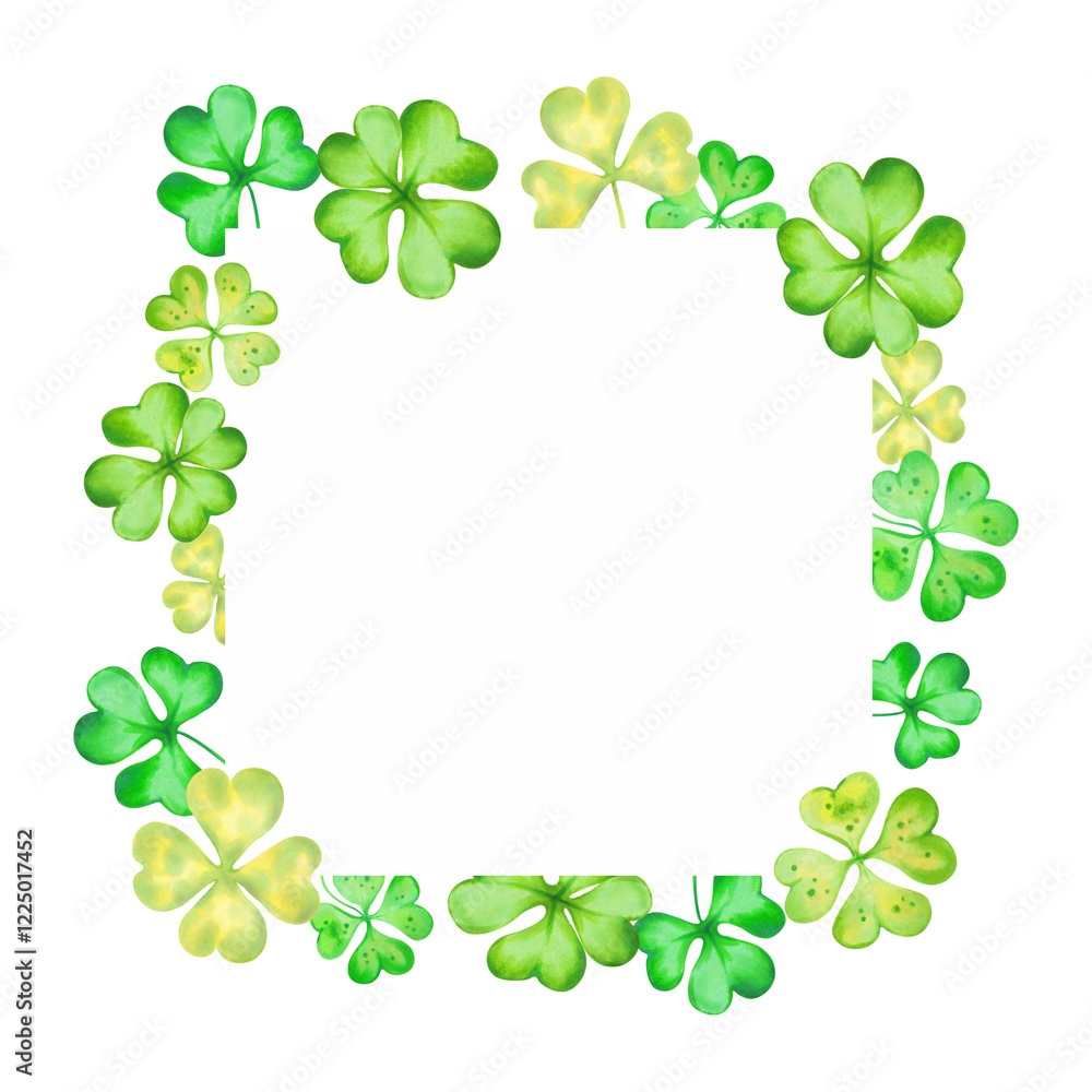 Square frame of shamrock, four leaf clover for St. Patrick's Day. Lucky clover talisman. Watercolor, marker illustration. Hand drawn isolated art. Botanical background with text space, copy space Square frame of shamrock, four leaf clover for St. Patrick's Day. Lucky clover talisman. Watercolor, marker illustration. Hand drawn isolated art. Botanical background with text space, copy space