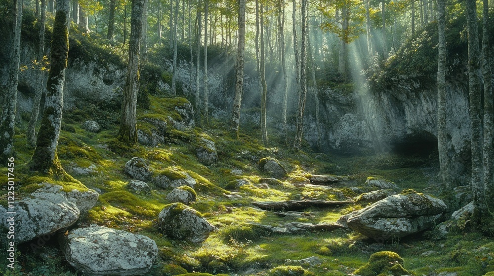 Obraz premium Sunbeams Illuminating a Mossy Forest Path