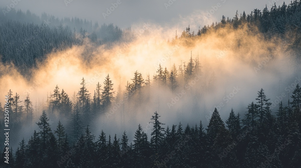 Golden sunrise illuminating misty mountain forest. Golden sunrise illuminating misty mountain forest.