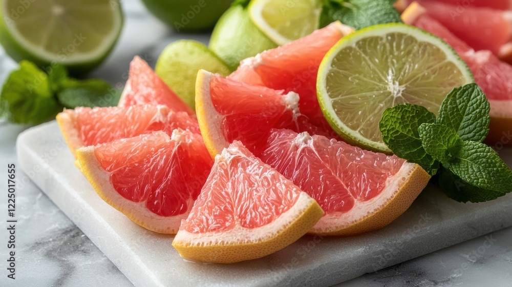 A plate of grapefruit and lime slices on a marble counter A plate of grapefruit and lime slices on a marble counter