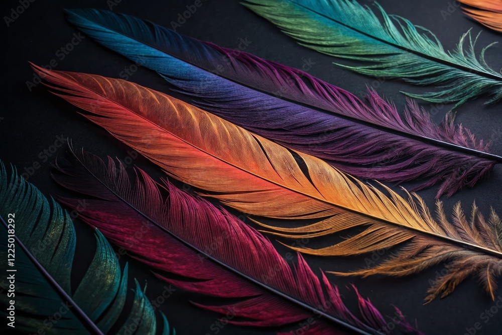 Fototapeta premium Vibrant Multicolored Feathers Dark Background Long Exposure Photography Stock Photo