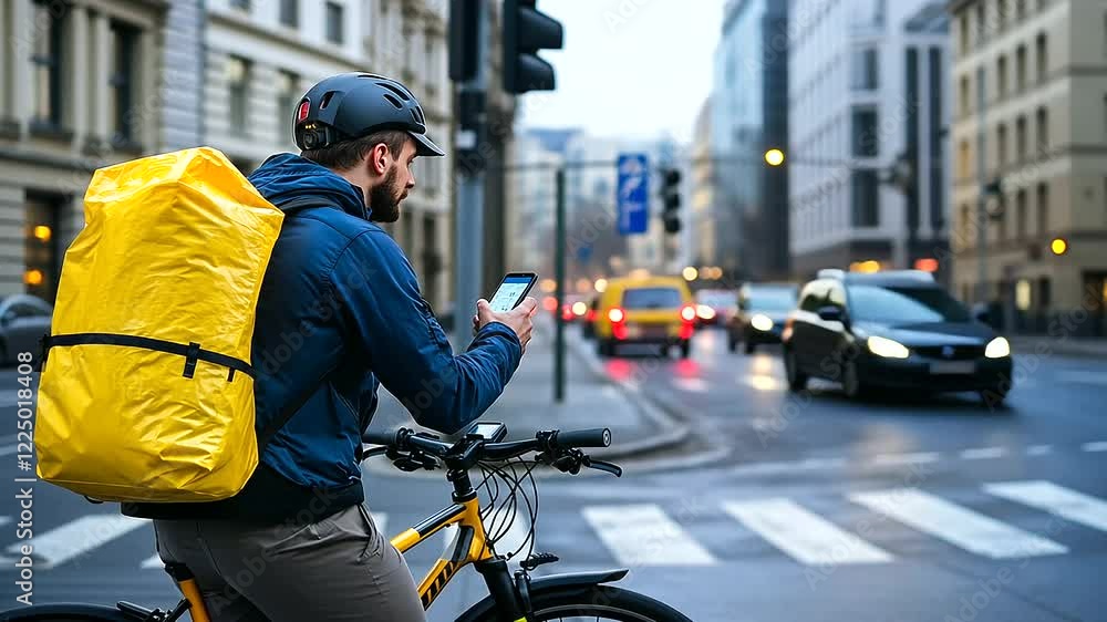 Food courier on a bicycle stopping at a traffic light, glancing at a map on his phone, the yellow insulated bag strapped securely on his back. Food courier on a bicycle stopping at a traffic light, glancing at a map on his phone, the yellow insulated bag strapped securely on his back.