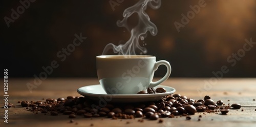 Steaming cup, dark roast beans, spilled grounds, atmosphere, texture, table