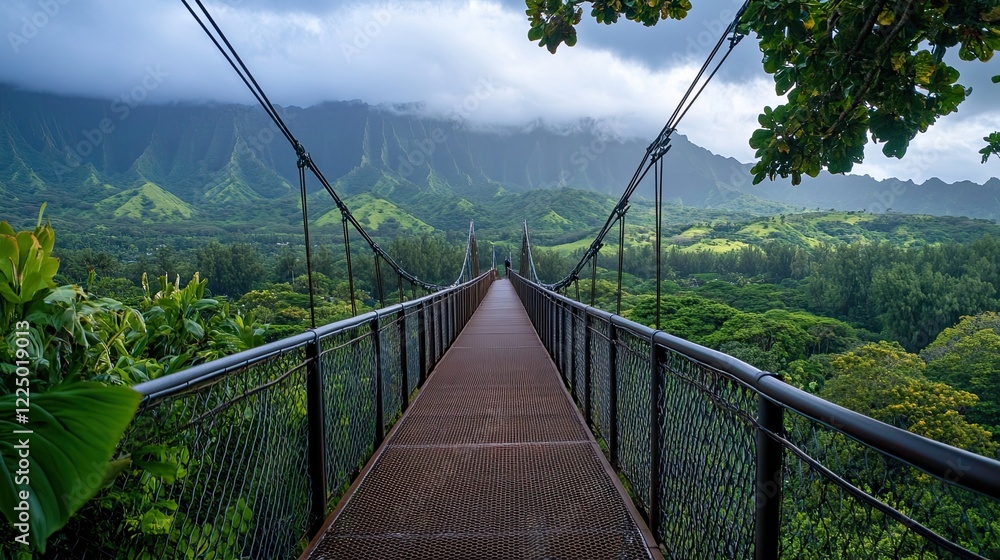 Obraz premium Suspension bridge pathway with mountain range and cloudy sky view leading through lush green landscape