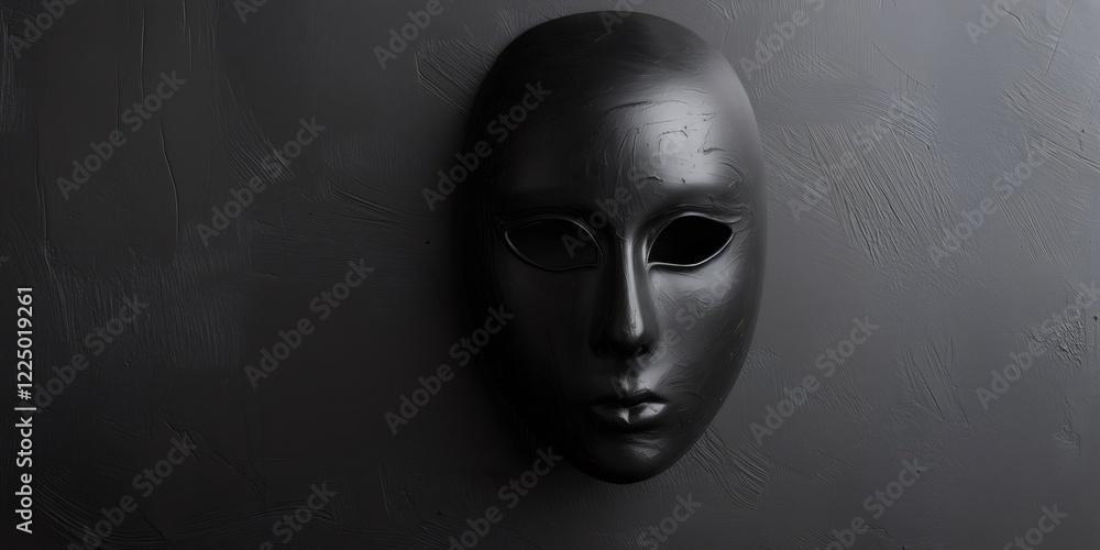 Black mask hangs on textured wall, expressing mystery and drama Black mask hangs on textured wall, expressing mystery and drama