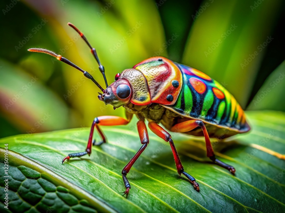 Fototapeta premium Vibrant Pentatomid Bug on Lush Leaf, Derawan Island, Borneo