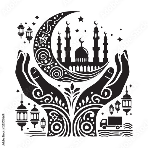 Elegant muslim festival design with crescent moon and lanterns