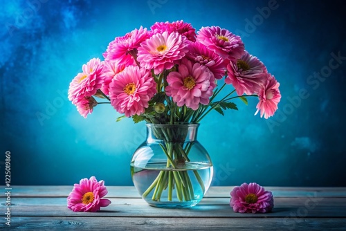 Vibrant Pink Flower Bouquet in Glass Vase, Blue Background Panoramic