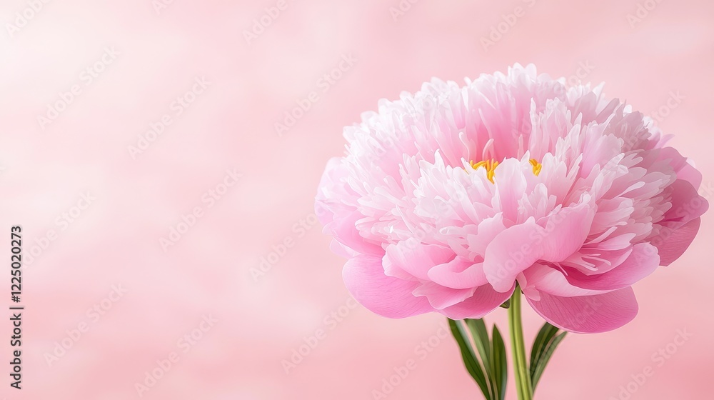 Fototapeta premium Pink peony flower on light pink background; springtime bloom, greeting card, website design