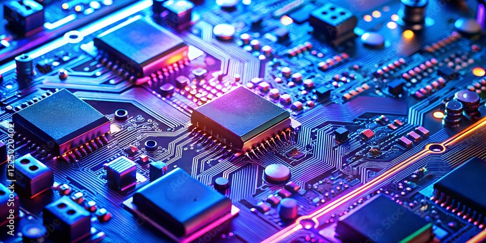 Electronic components arranged in a blue and purple circuit board background with neon-like light emission Electronic components arranged in a blue and purple circuit board background with neon-like light emission