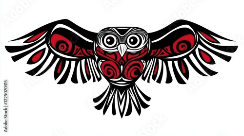 Stylized illustration of an owl with native tribal art patterns in red and black color on white background