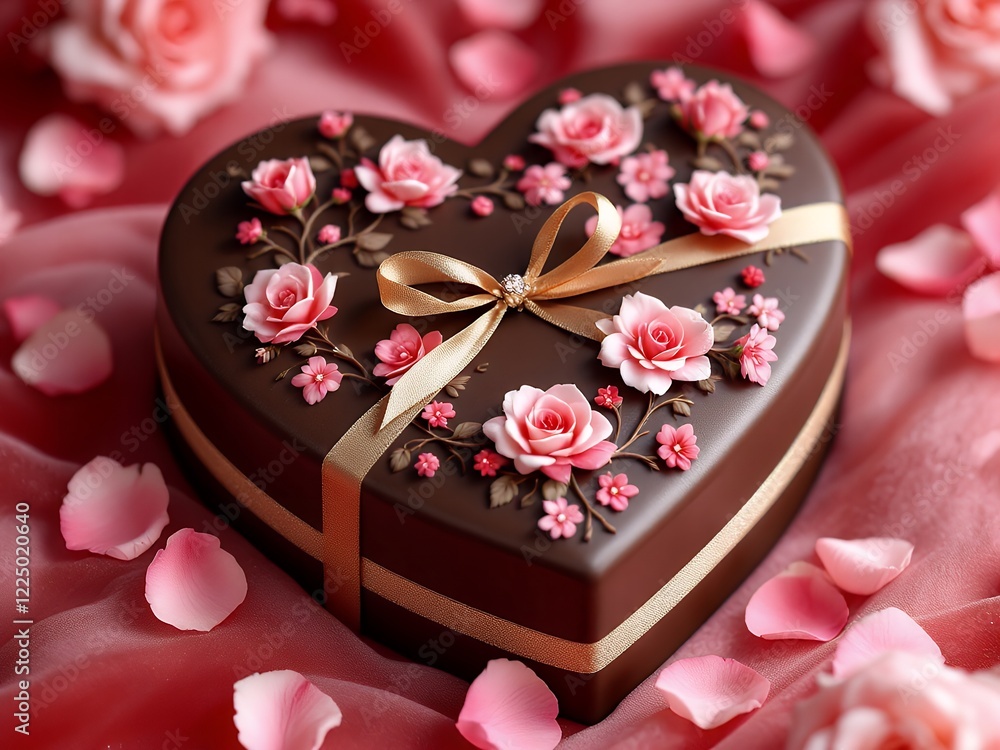 heart shaped box with chocolate decorations, some on branches, some scattered, creating a romantic Valentine's Day theme heart shaped box with chocolate decorations, some on branches, some scattered, creating a romantic Valentine's Day theme