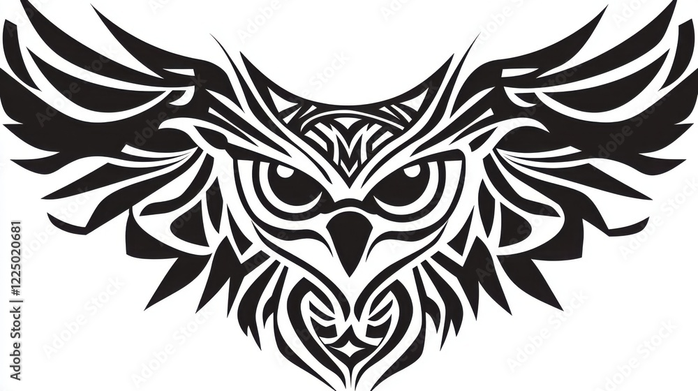 Fototapeta premium Detailed black and white illustration of an owl with stylized tribal pattern design