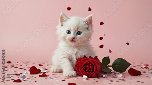 Cute Kitten with a Red Rose on Valentine's Day