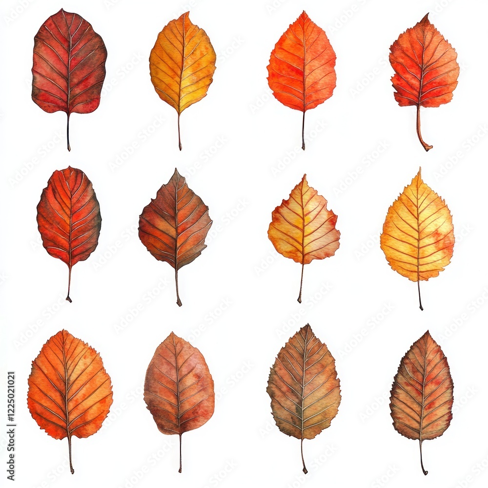 Fototapeta premium Autumn leaves collection, white background, fall foliage, design element