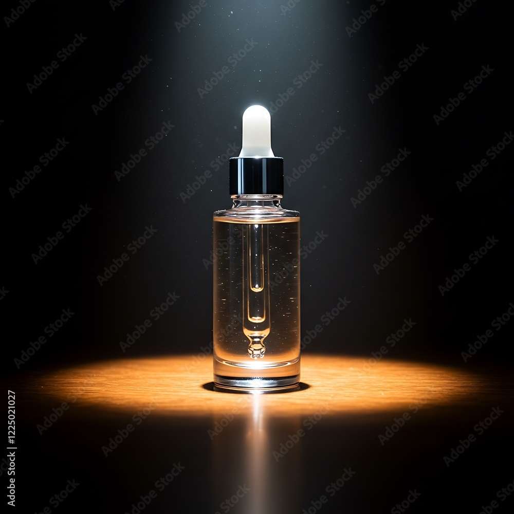 Naklejka premium Radiant Glow Serum Dropper Bottle on Wooden Surface with Futuristic Lighting