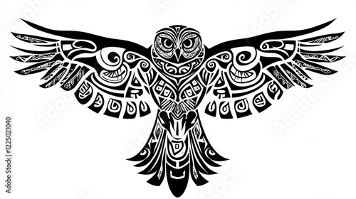 Detailed tribal design featuring an owl with spread wings in black and white