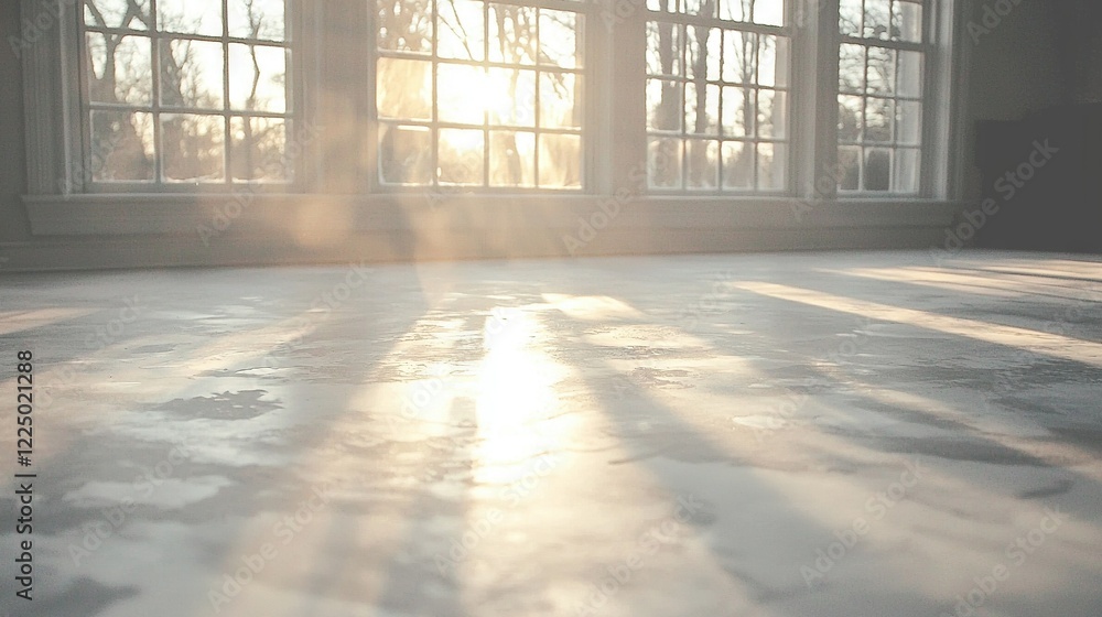 Sunlight floods a white room through large windows onto a polished floor Sunlight floods a white room through large windows onto a polished floor