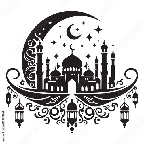 Elegant muslim festival design with crescent moon and lanterns