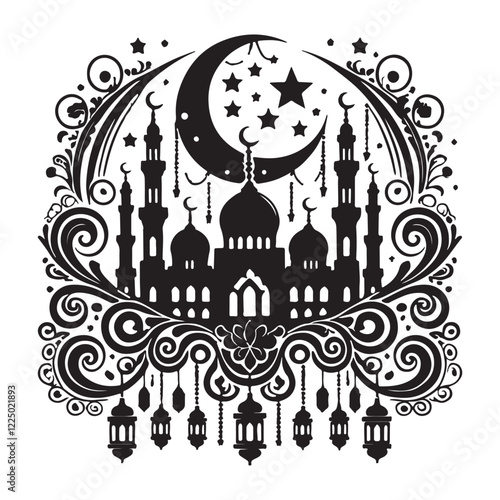 Elegant muslim festival design with crescent moon and lanterns