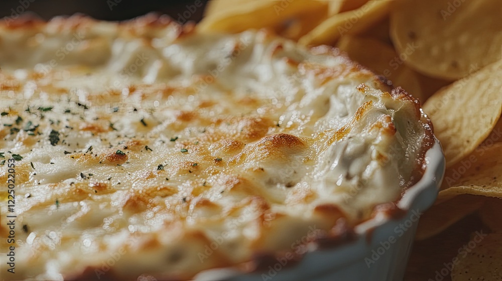 A close-up of a creamy spinach artichoke dip served with crunchy tortilla chips. A close-up of a creamy spinach artichoke dip served with crunchy tortilla chips.