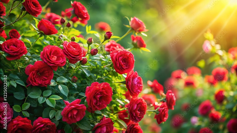 Vibrant Red Rose Bush Blooming in Summer Sunlight - Long Exposure Photography Vibrant Red Rose Bush Blooming in Summer Sunlight - Long Exposure Photography