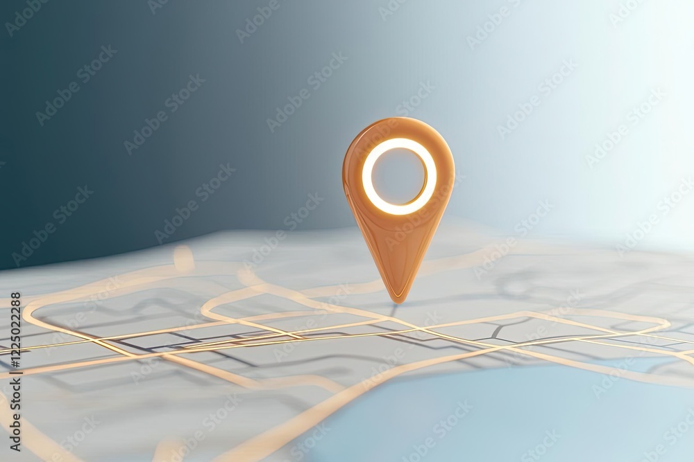 Fototapeta premium A 3D illustration of a location pin on a digital map, symbolizing navigation and mapping services in modern technology.