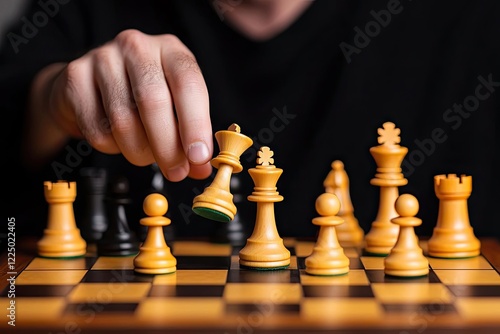 A close-up of a hand moving a golden chess piece in a game, against a blurred background of a chessboard featuring black and gold pieces. photo