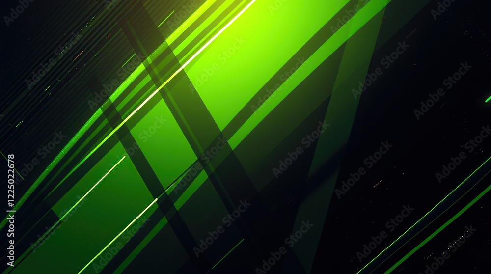 Obraz premium Graphic design template set against a vibrant, neon-lit black and lime green abstract background with a geometric pattern of diagonal line stripes and angular 3D shadows.