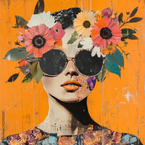 Abstract contemporary art collage portrait of young woman with flowers 