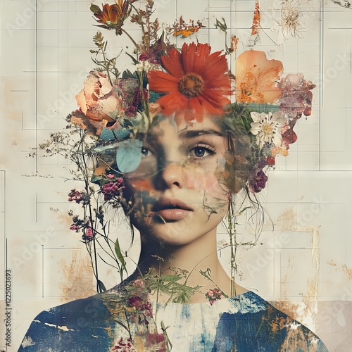 Abstract contemporary art collage portrait of young woman with flowers