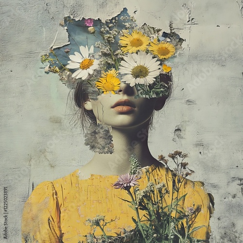 Abstract contemporary surreal art collage portrait of young woman with flowers 