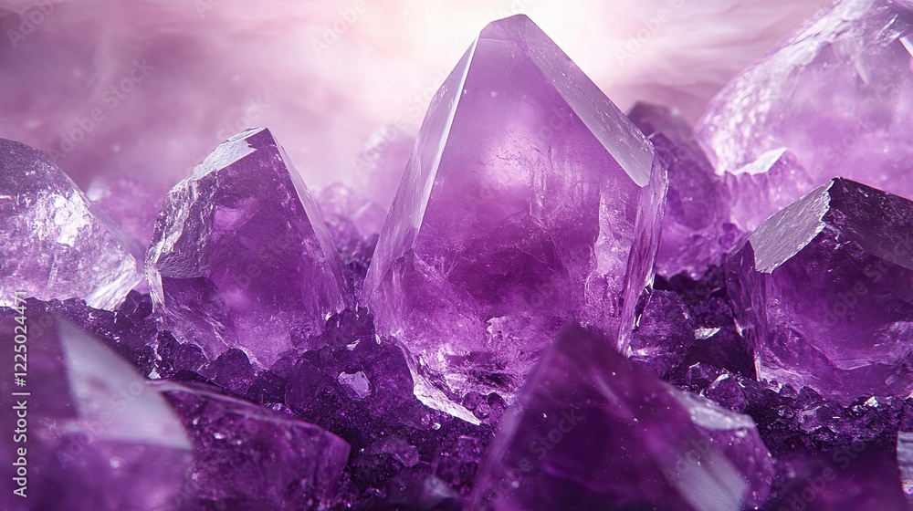 Deep purple crystals cluster together, facets gleaming. Deep purple crystals cluster together, facets gleaming.