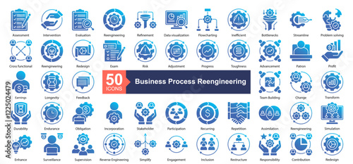 Business Process Reengineering Icon Collection Set.Containing Assessment, Intervention, Evaluation, Reengineering, Refinement, icon. Simple glyph gradient style Vector Illustration.