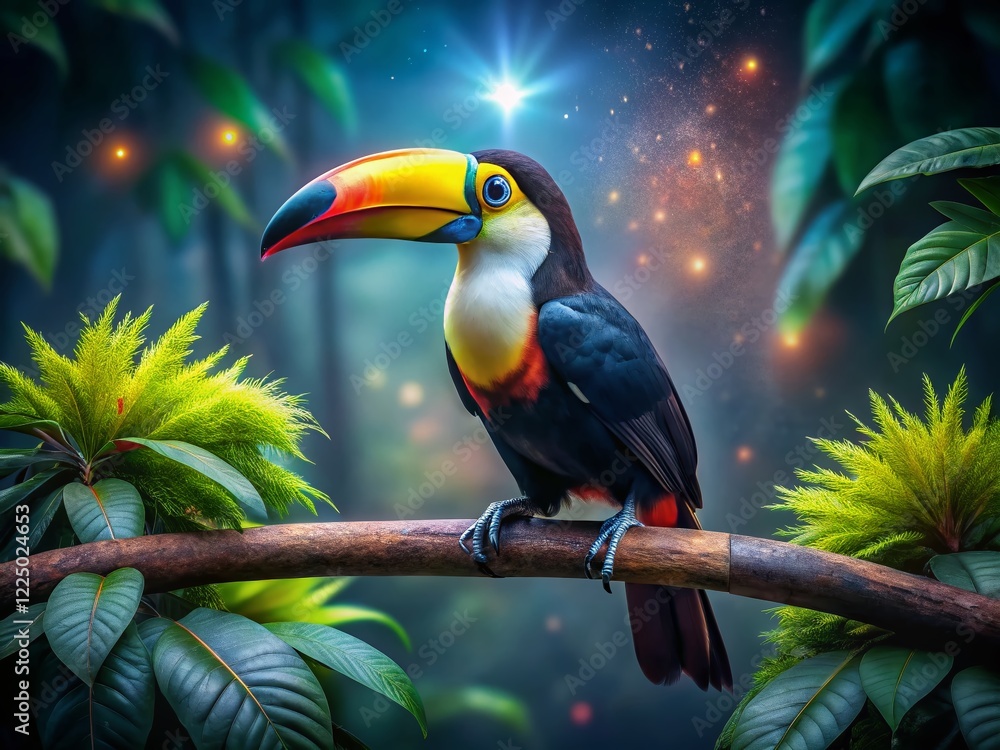 Fototapeta premium Vibrant Toucan in Low Light Rainforest - Night Photography