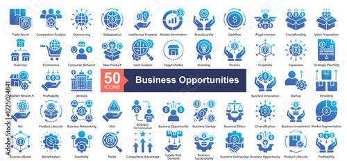 Business Opportunities Icon Collection Set.Containing Trade Secret, Competitive Analysis, Outsourcing, Globalization, Intellectual Property icon. Simple glyph  gradient style Vector Illustration.	