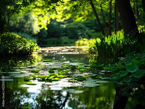 Tranquil water lilies float serenely on a dark pond within a lush green forest photo