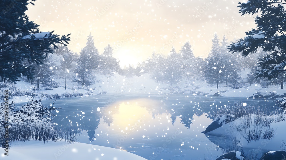 Fototapeta premium Winter landscape with a snowy pond serves as a seasonal background for holiday marketing.