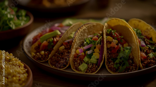 Cinematic photograph of tacos with ground beef, lettuce, and red onion on a plate, surrounded by side dishes like corn floss and quinoa salad. photo