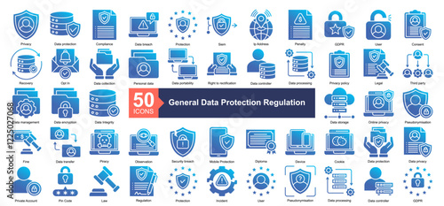 General Data Protection Regulation Icon Collection Set.Containing Privacy, Data protection, Compliance, Data breach, Protection, Siem, Ip Address icon. Simple glyph gradient style Vector Illustration.
